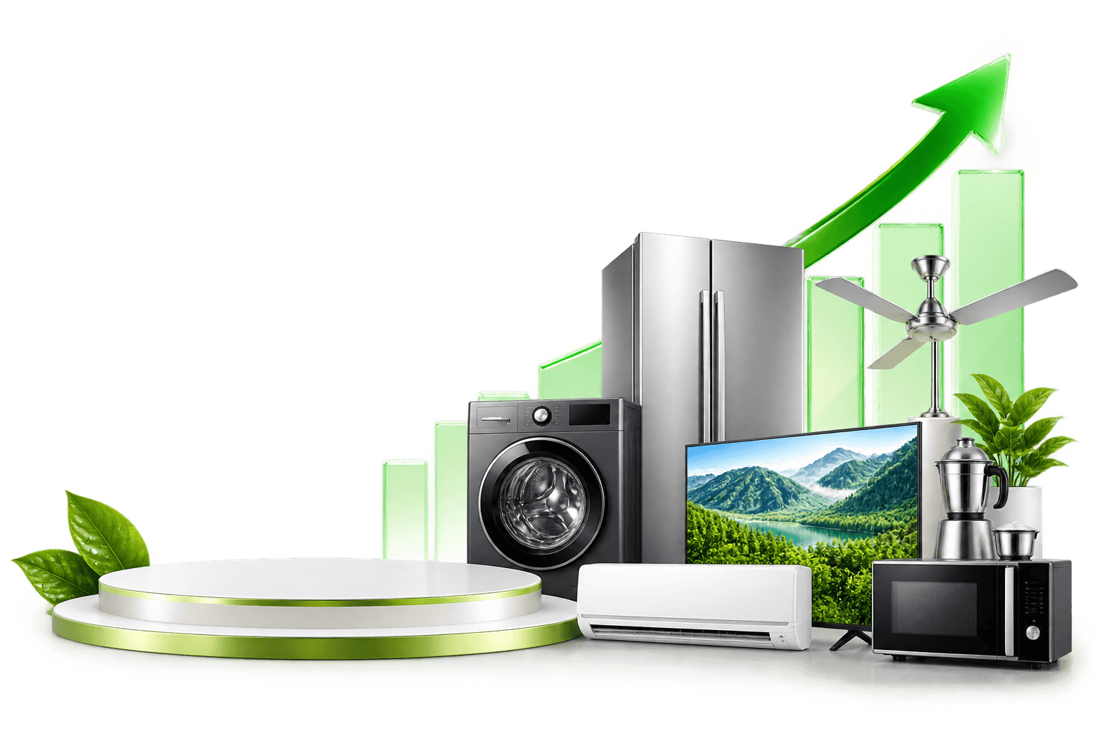 Home appliances displayed with rising green bars and a growth arrow